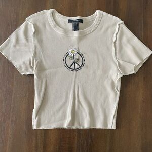 Forever 21 Cream Ribbed Crop Top peace sign flower